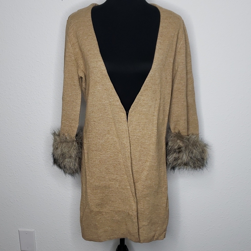 Soft Sorroundings Wool Blend Faux Fur Cuff Knit Cardigan Size M Camel Neutral